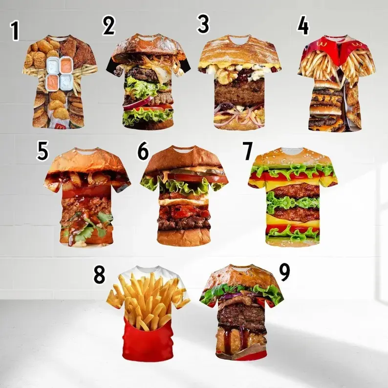 Funny Food Burger Fries 3D Print Shirt, Fast Food Halloween Group Costume Shirt, Hamburger Food Matching Shirt, Food Lover Cosplay Outfit