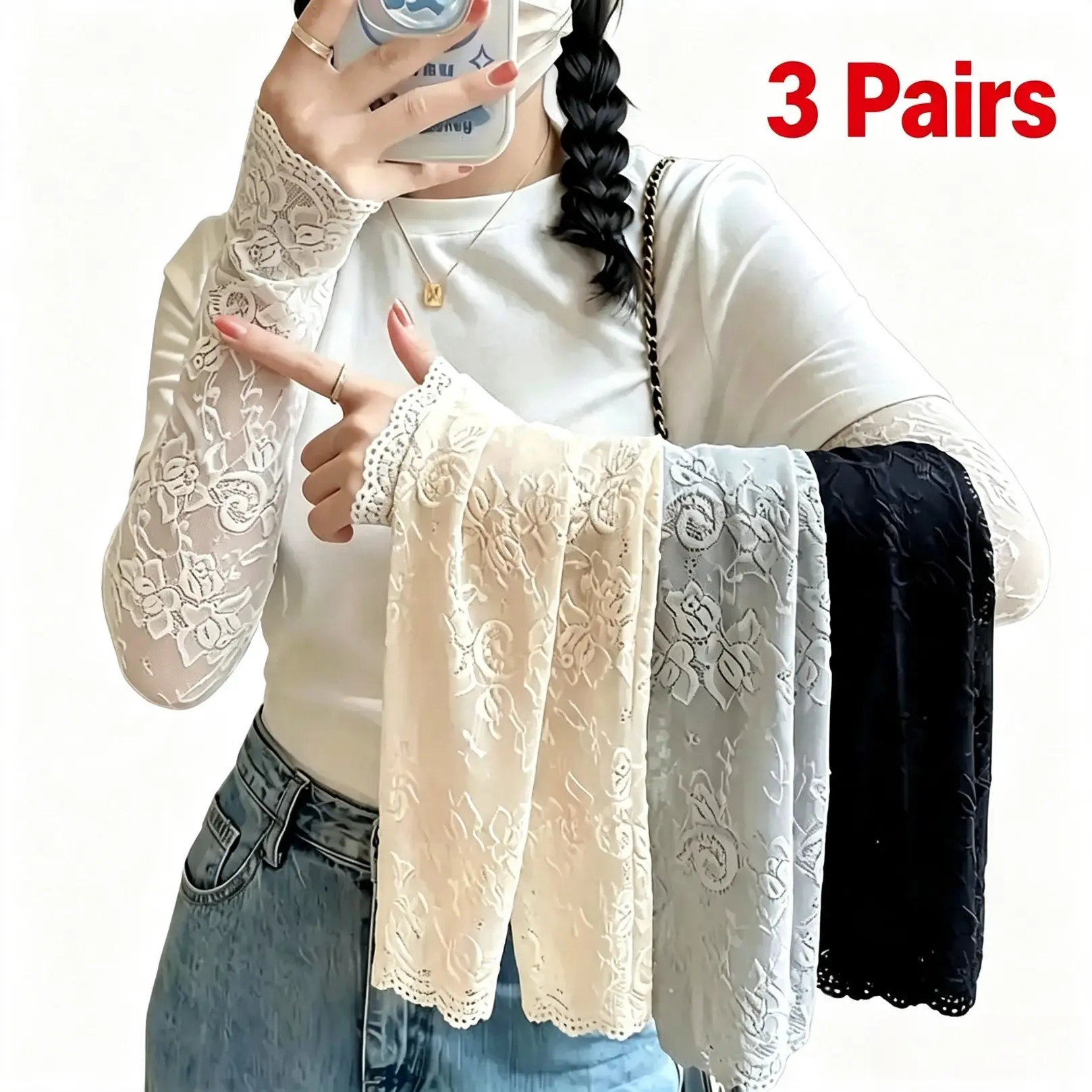 3 Pairs Elbow Length Lace Fingerless Arm Sleeves, Lightweight Breathable UV Sun Protection Lace Covers, Elegant Sheer Lace Cuffs For Women Outdoor Driving Cycling Daily Casual Wear