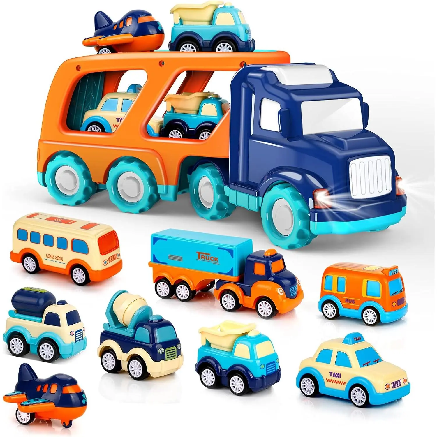 9 Pack Cars Toys for 2 3 4 5 Years Old Toddlers Boys and Girls Gift, Big Transport Truck with 8 Small Cute Pull Back Trucks, Colorful Assorted Vehicles Playset, Carrier Truck with Sound and Lightfidget toys