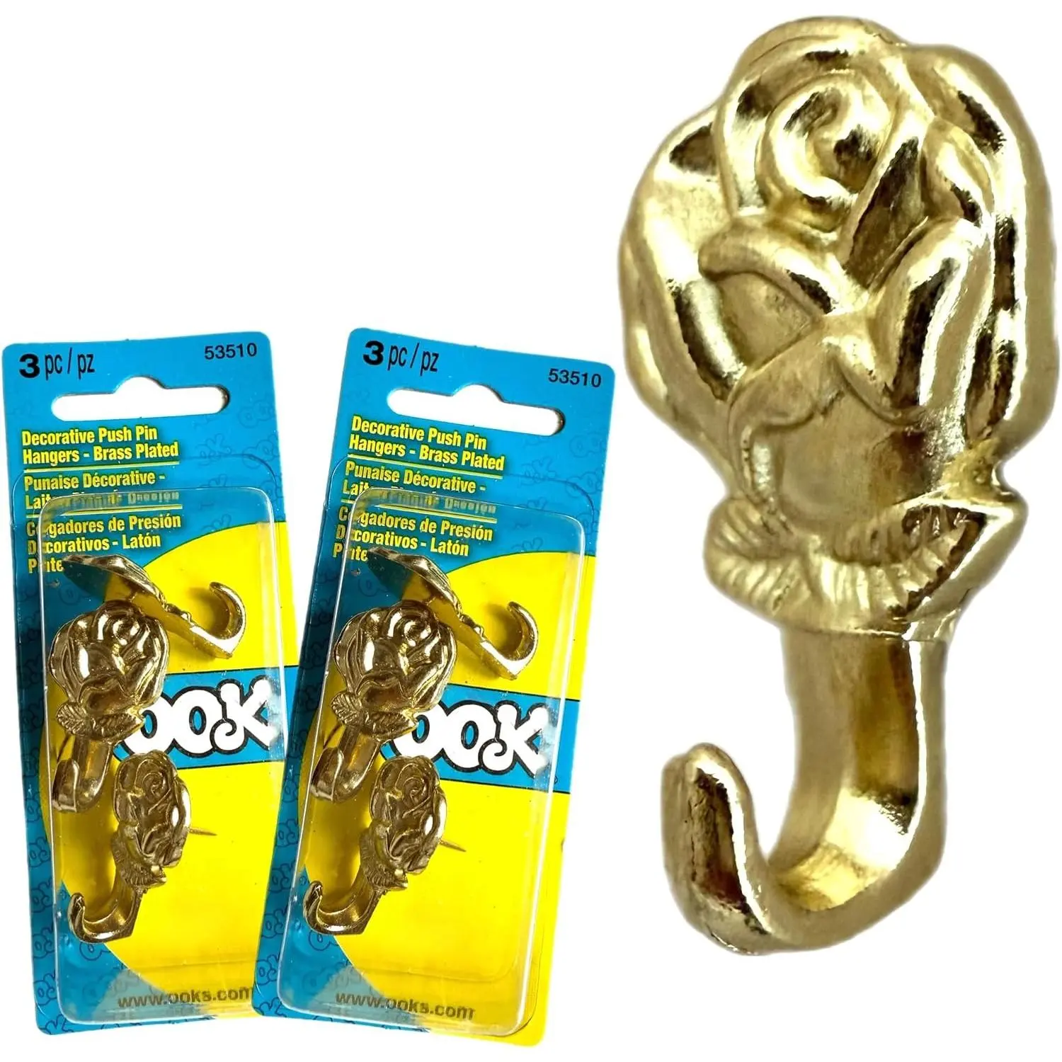 6 Rose Pin Hooks Picture Hanging Nails Push Pin Thumb Tack Hangers for Home School Office Wall Wood Corkboard Drywall Keys Decorative Brass Plated Gold Color No Tool Needed