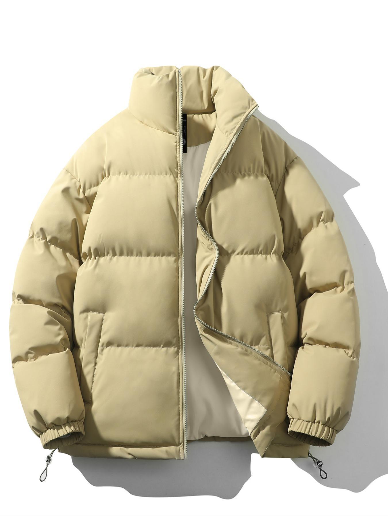 Men's Solid Zipper Up Drawstring Pocket Funnel Neck Utility Coat Jackets, Regular Fit Casual Long Sleeve Thermal Outerwear for Fall & Winter, Men's Clothes for Daily Wear