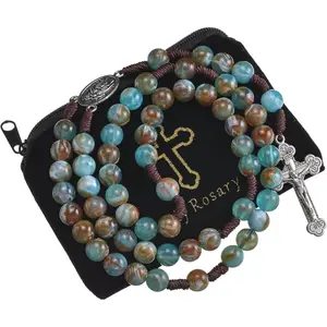 10mm Brown Beads Catholic Rosary Handmade Braided Rosaries with Curcifix Cross and Holy Mary Medal Amulet Rosary Beads Necklace for Women Men