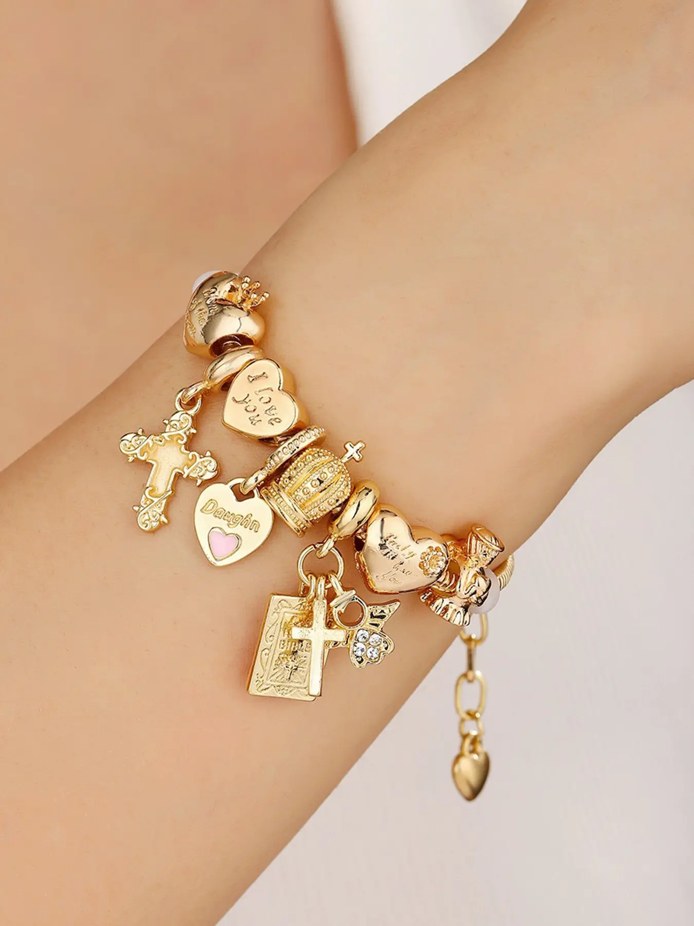 Gold Luminous Cross Bible Heart Angel Charm Bracelet, Detachable Adjustable Light Luxury Jewelry for Women Daily Commute Wear