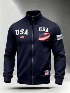 Men's Star Flag Print Stand Collar Sweatshirt Jacket, Loose Breathable Zipper Sports Top, Ideal Gift for Father, Fall & Winter