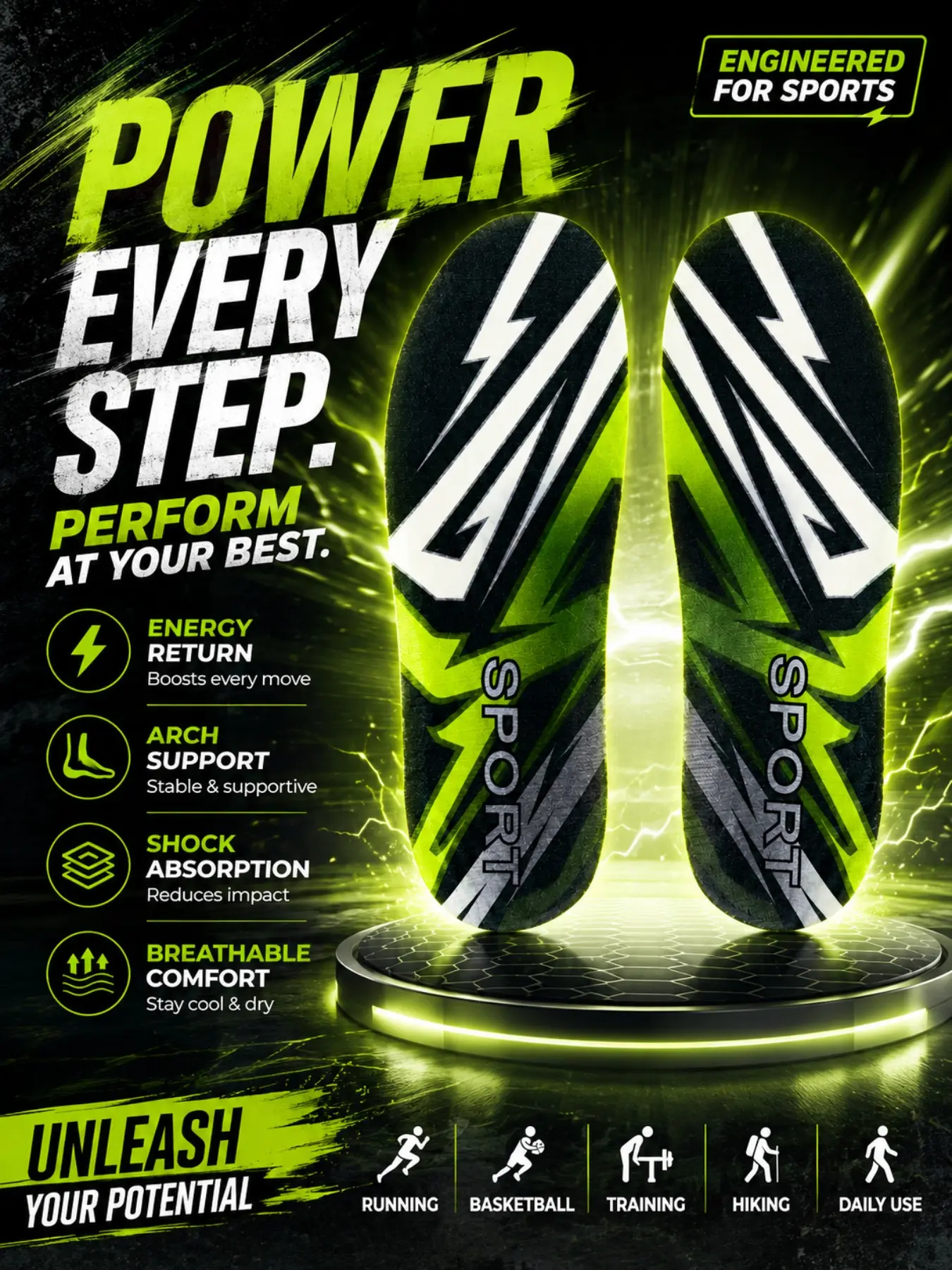 Professional Sports Shock Absorption Insoles, Shoe Inserts, Arch Support, Breathable Sweat-Wicking, Basketball Running Fitness Hiking, Anti-Fatigue