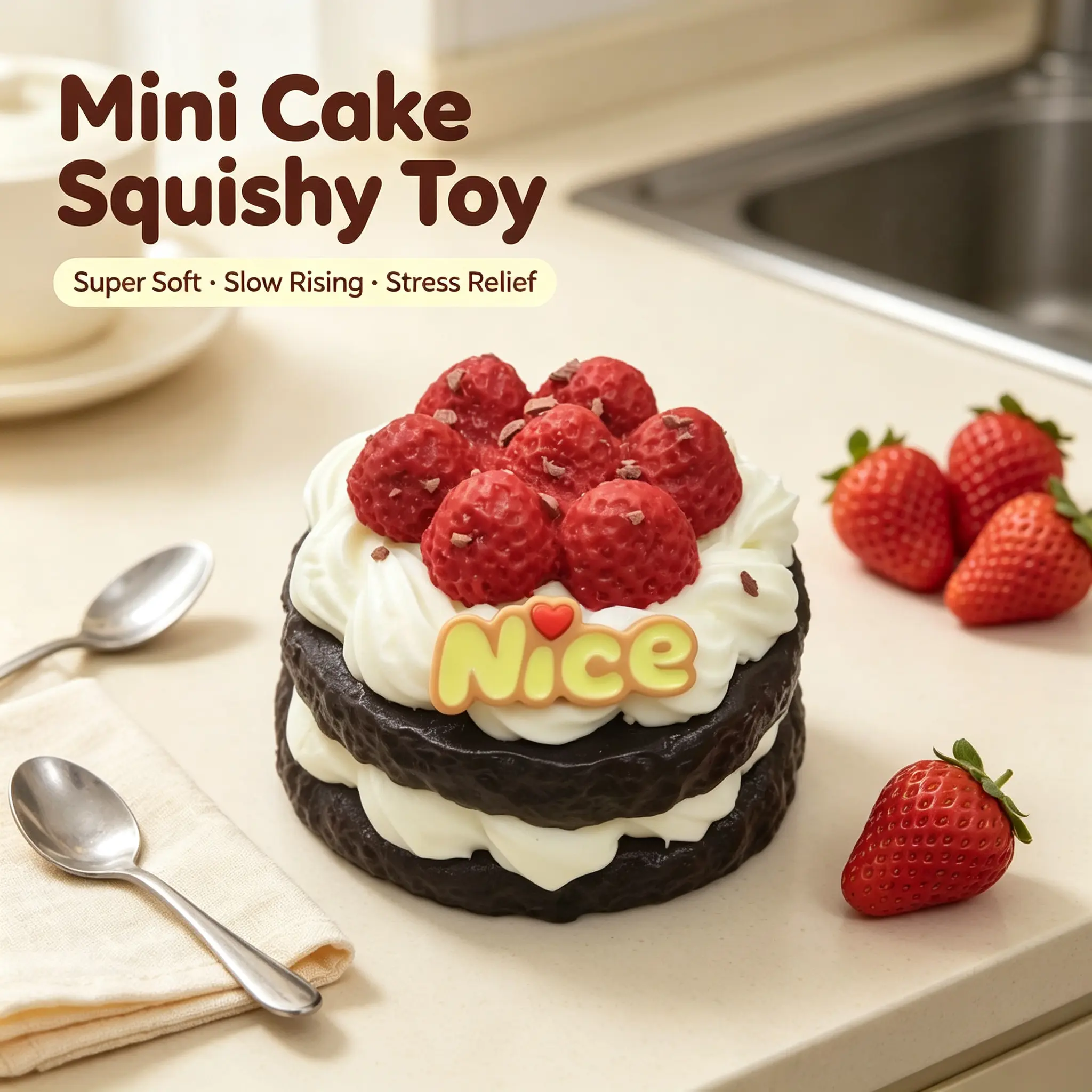 Squishy Chocolate Raspberry Tower Cake, Soft Squeeze Toys with Thick Creamy Slime Texture, Food Grade Silicone Squeeze Gift for Children, Teens, and Adults