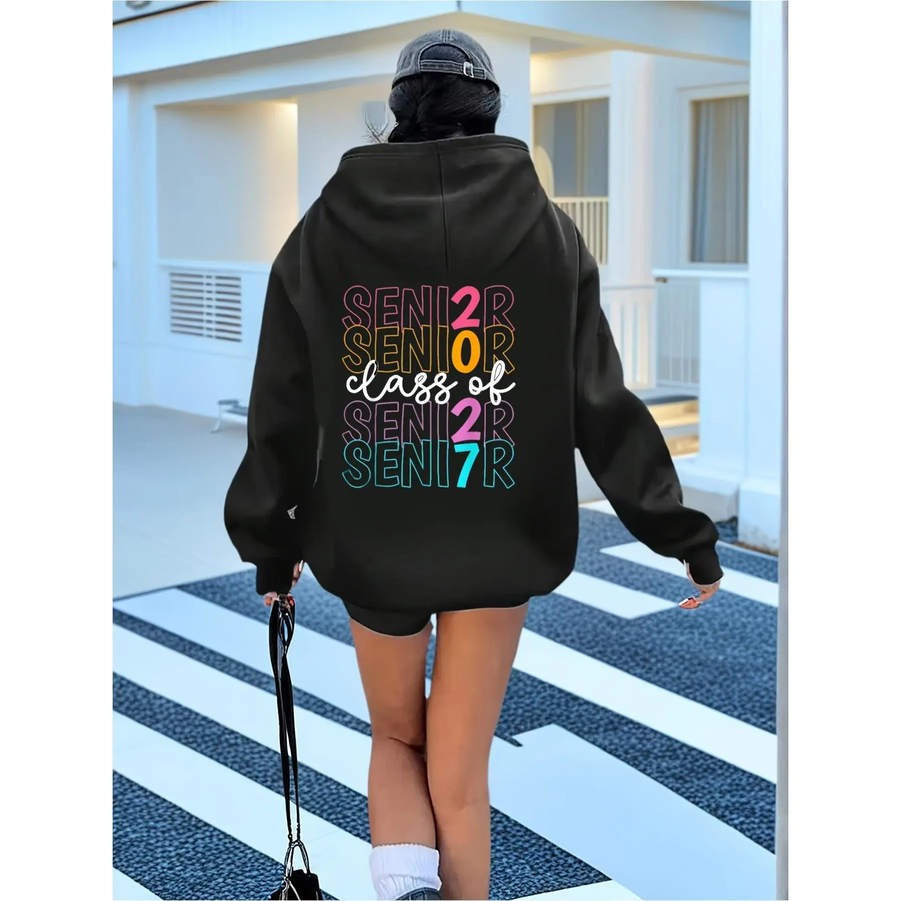 Women's Y2K Retro Senior Class of 2027 Hoodie - Kangaroo Pocket Drawstring Hooded Sweatshirt with Senior '27 Print, Graduation Gift Suitable for Back to, Autumn/Winter Warmth, Machine Washable