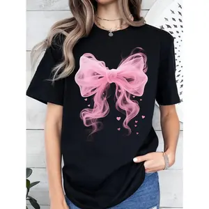 Women's Casual Short-Sleeve Sports Top, Cotton Everyday Soft Breathable T-Shirt with Black-Pink Bow-Heart Geometric Print, Loose Elastic, Machine-Washable, Cute Must-Have for SS, Perfect with Jeans