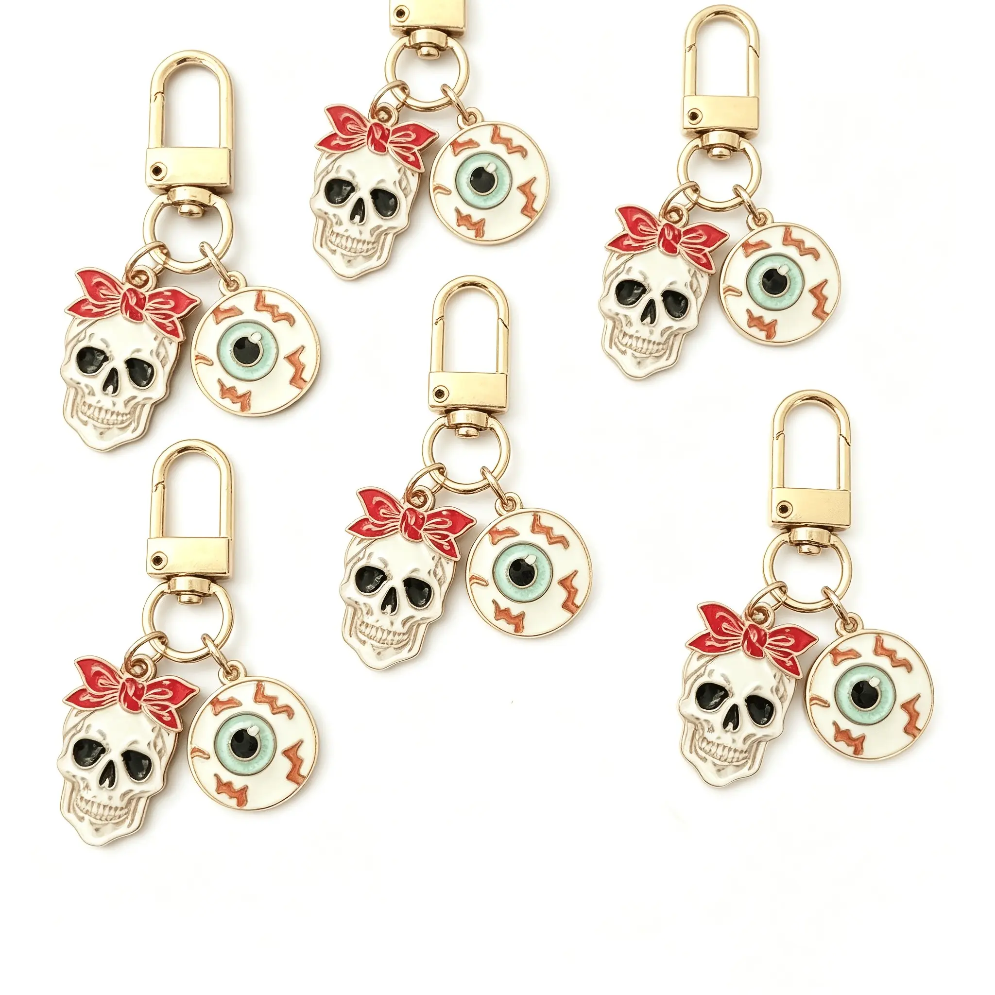 8pcs Enamel Bow Skull Eyeball Keychain Sets, Creepy Keychain, Metal Lobster Clasp, Gothic Halloween Bag Accessories, Back to School Decor
