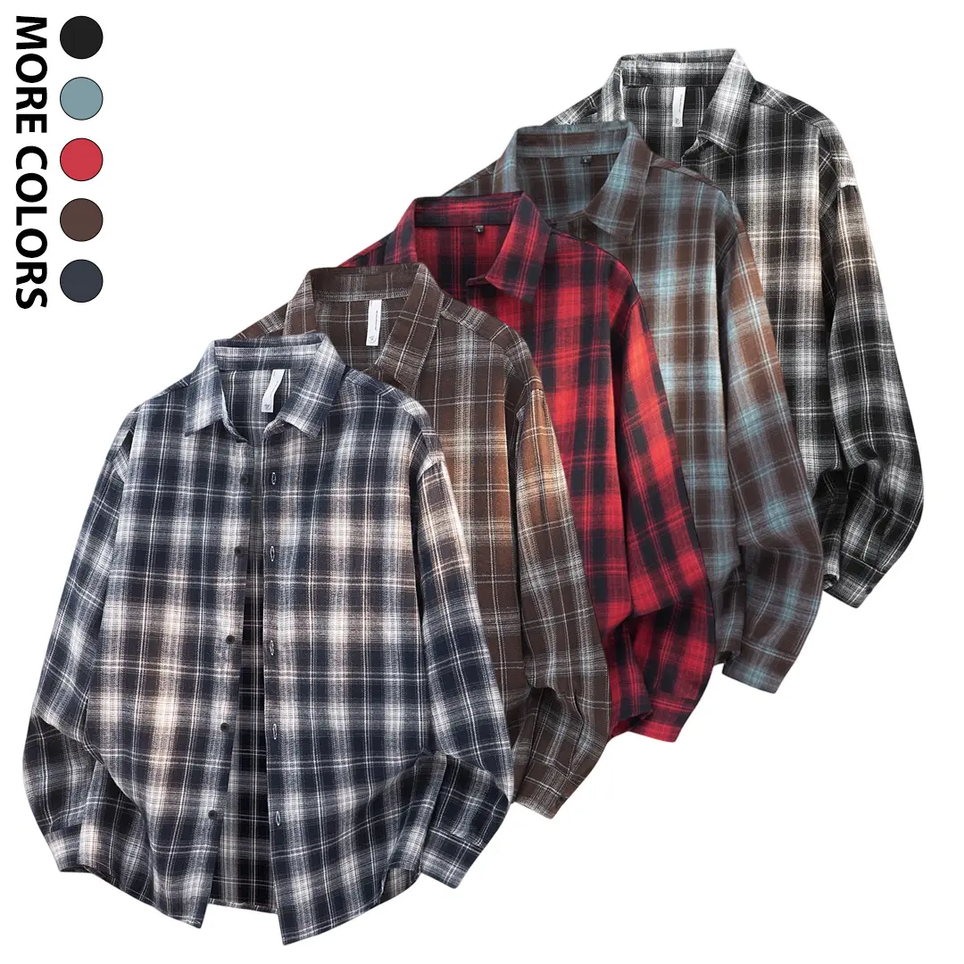 Men's Vintage Washed Plaid Flannel Shirts, Oversized Point Collar Button Down Long Sleeve Overshirts, Soft Brushed Faded Textured Casual Layering Tops, Loose Fit Spring Autumn Street Transition Shirts for Men, Mens Grid Check Retro Flannel Overshirts Bulk