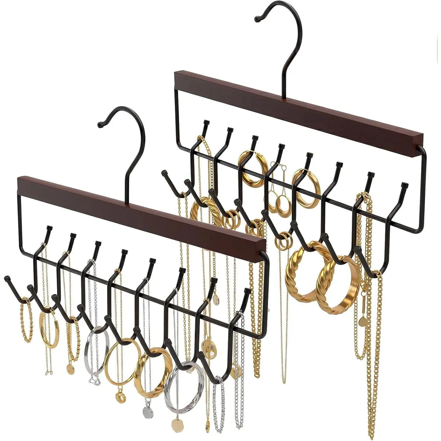 Wooden  Hanger 2-Pack,   Organizer with 16 Hooks, -Free Display for Necklace, Bracelet, Ring, Bangles,  for Bathroom, Closet Door