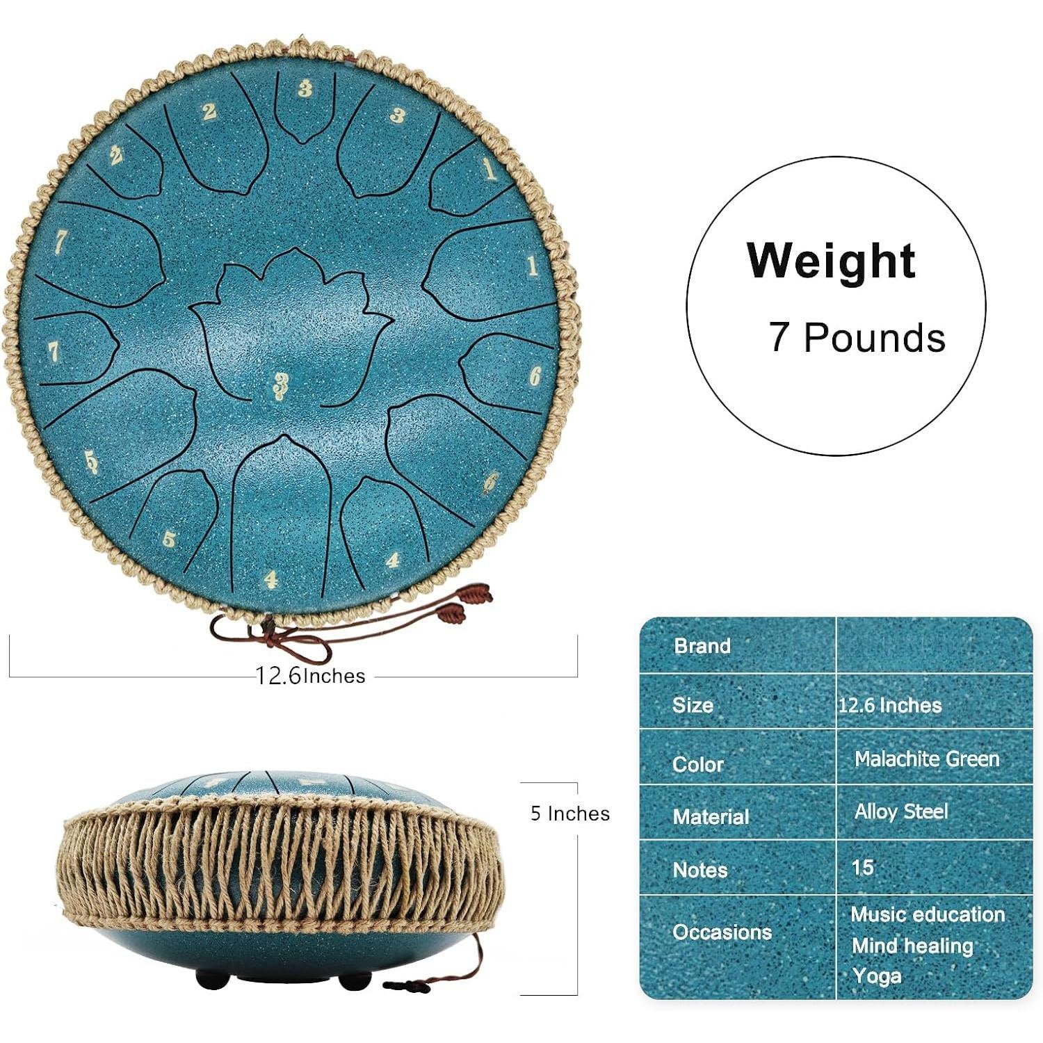 13-Inch 15-Note Steel Tongue Drum - C Major - Handpan Steel Drum for Meditation, Yoga & Relaxation - Includes Mallets,  Book & Carry Bag (Malachite Green)