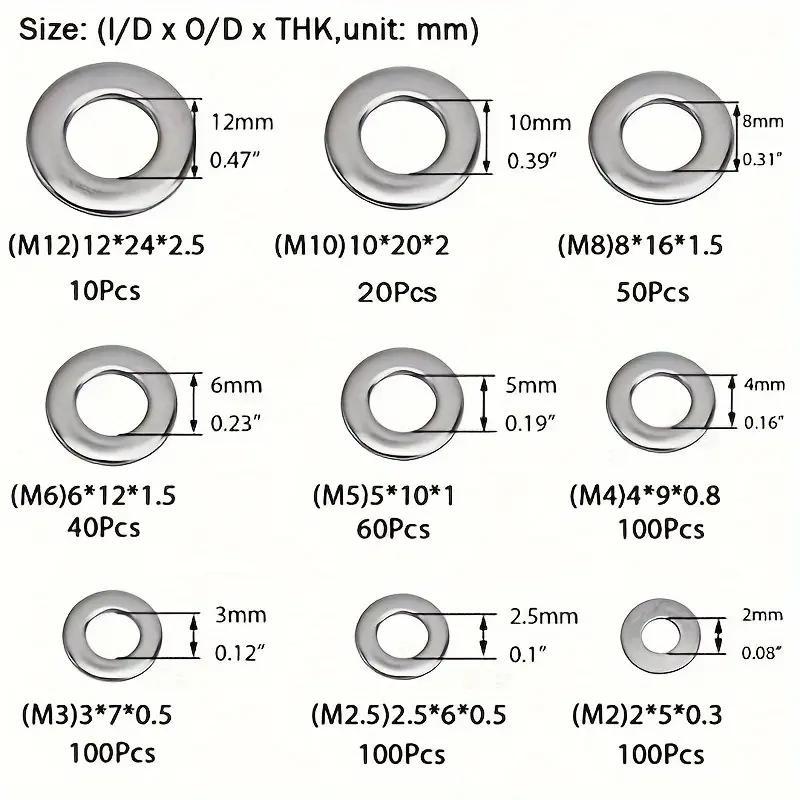 80-580pcs Stainless Steel Flat Washers Assortment Kit, M2 to M12 Sizes for Home Decoration and Outdoor Construction, Perfect for Factories and Shop Repairs