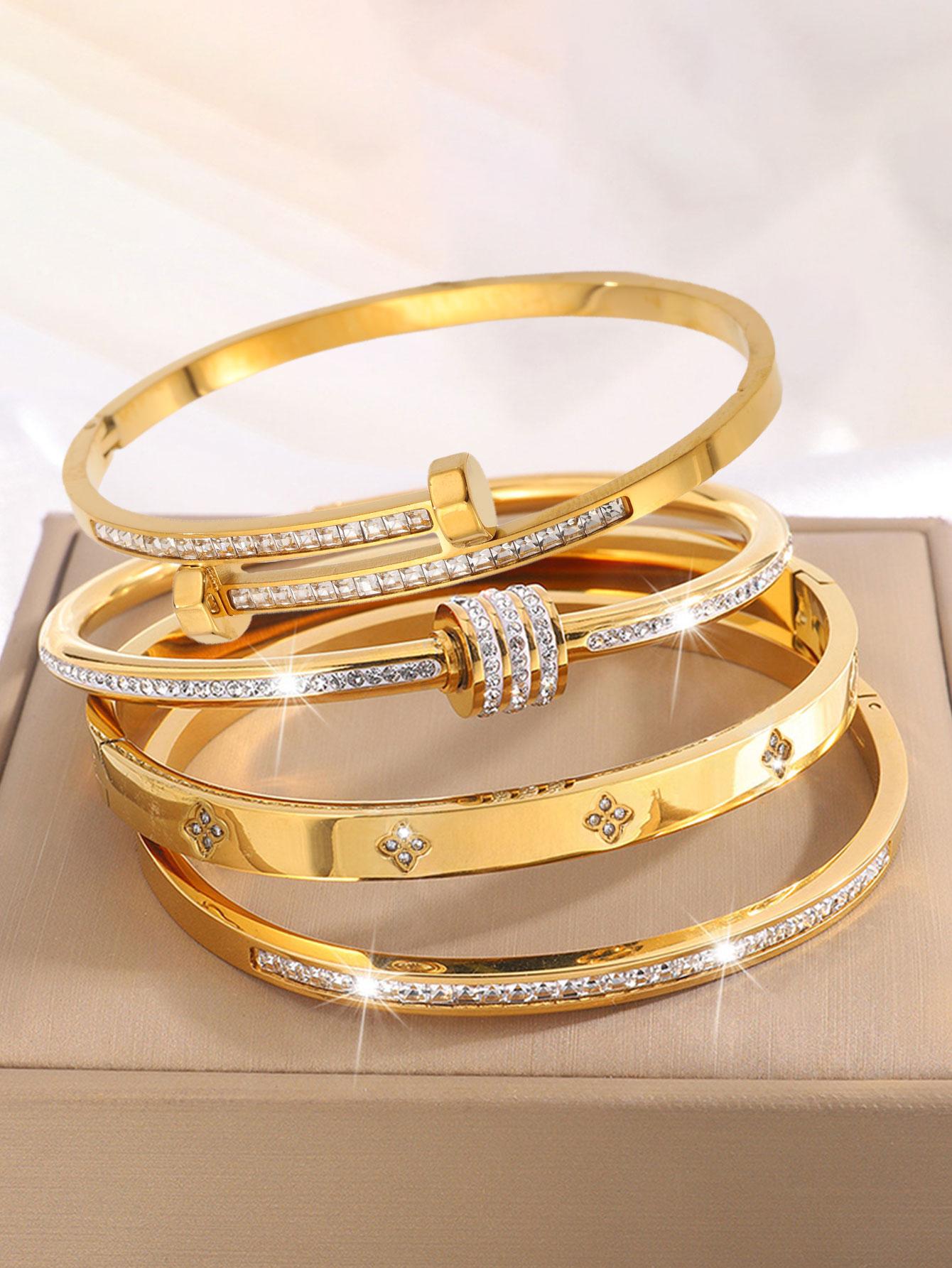 4-piece Elegant Trendy Bangles Bracelet Set, Lightweight Stainless Steel Fashionable Exquisite Trendy Bracelet for Daily Wear, Perfect for Holidays and Gifts