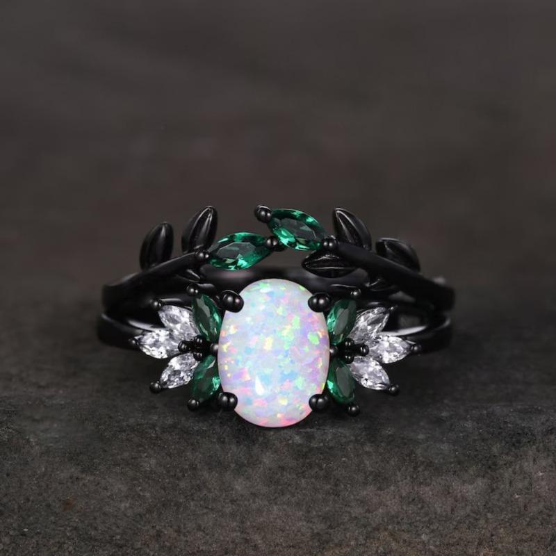 2-Piece Shiny Black Synthetic Opal Oval Cubic Zirconia Couple Rings - Ladies' Engagement & Bridal Jewelry, Ideal Gift for Valentine's Day, Anniversary, Halloween, Christmas & Mother's Day