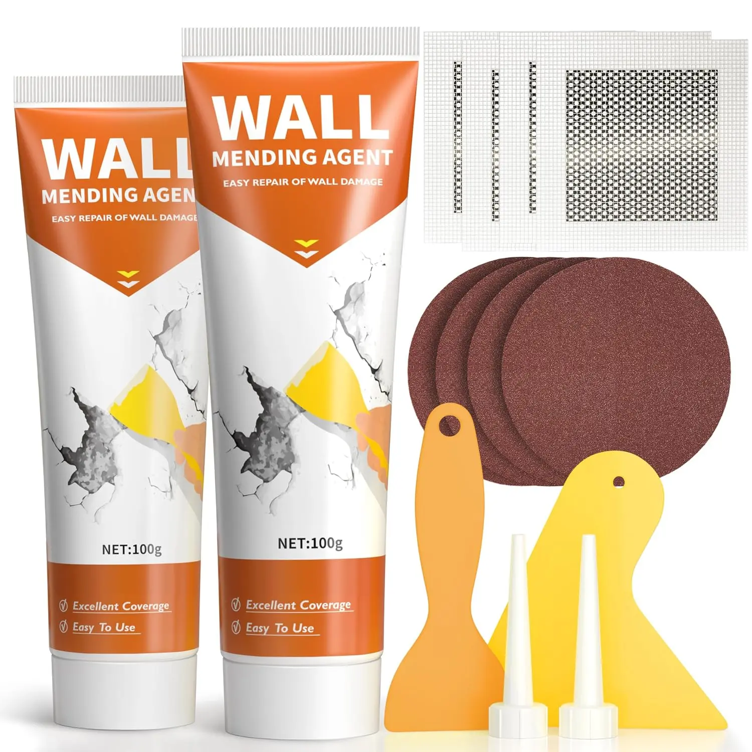 Drywall Repair Kit,2 Pack Wall Repair Paste for Wall Holes & Cracks | 4 Wall Patches,2 Scraper,4 Sandpapers,Quick Drying,Apartment Friendly