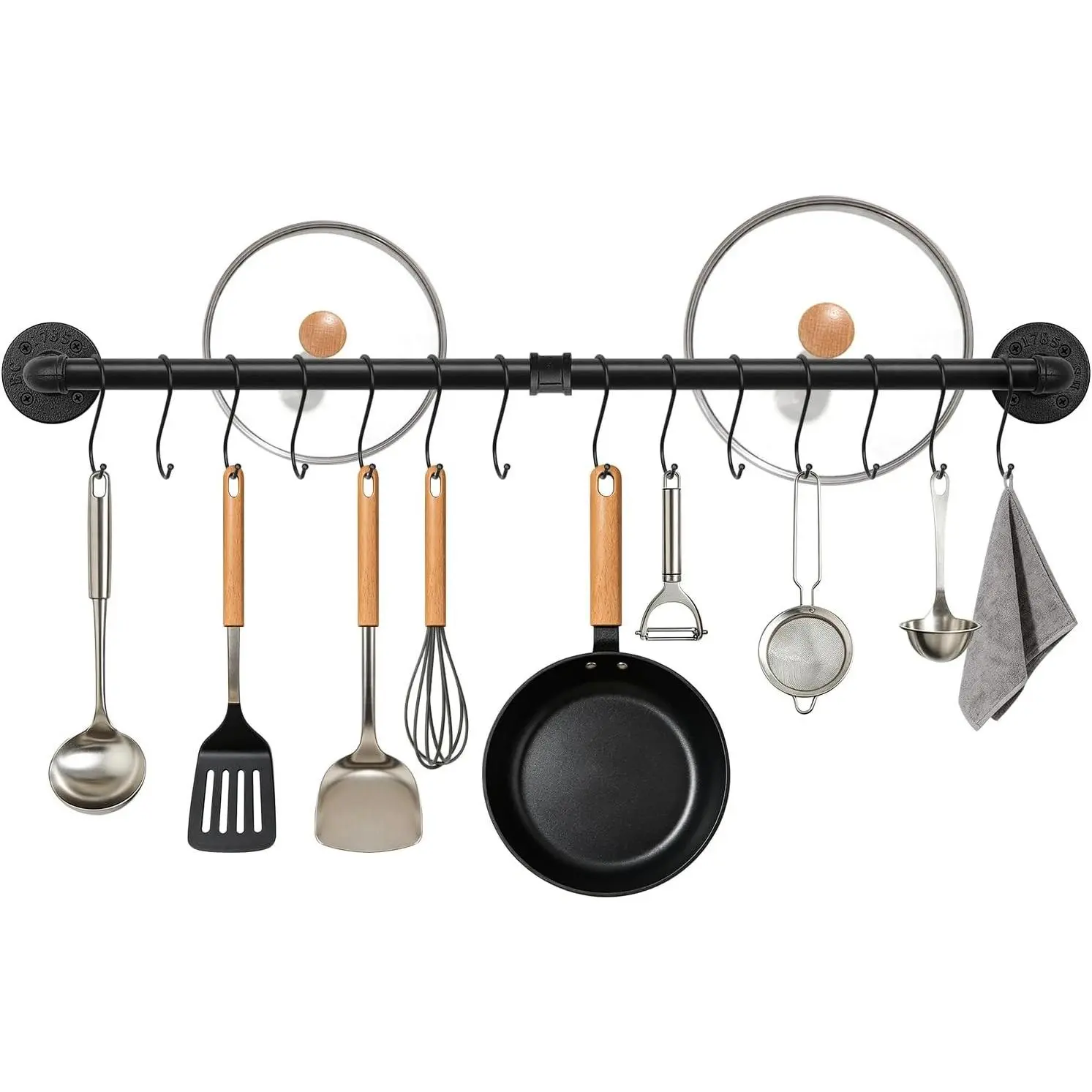 36 Inch Industrial Pipe Pot Pan Rack, Heavy Duty Wall Mounted Hanging Rail with 14 Removable S Hooks, Space Saving Kitchen Organizer and Utensils Hanger for Cookware, Lids, Matte Black