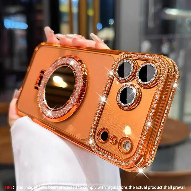 Makeup mirror holder with border protection case suitable for iPhone 17, 16, 15, 14, 13 flash holder protection cover, sparkling diamond rhinestone, Aesthetic, with camera protection cover, liquid flow ring holder TPU buffer cover, Cellphone Accessories