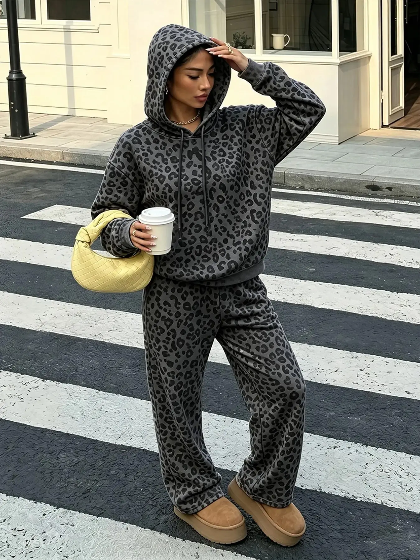 1Set Women's Y2K Leopard Hooded Sweatshirt Set Loose Cozy Hoodie And Jogger Pants Matching Casual Outfit For Daily Outdoor Outfit