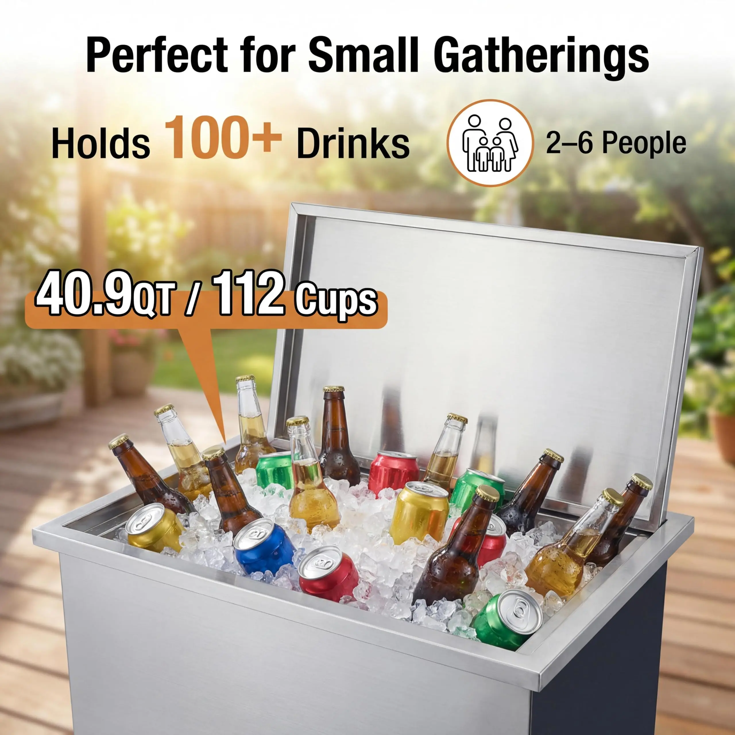 Large Capacity Stainless Steel Ice Chest Bin – 20" Drop-In Built-In Cooler with Lid & Drain – Insulated Bar Ice Storage for Outdoor Kitchen, Patio, BBQ, Restaurant, Beverage Station