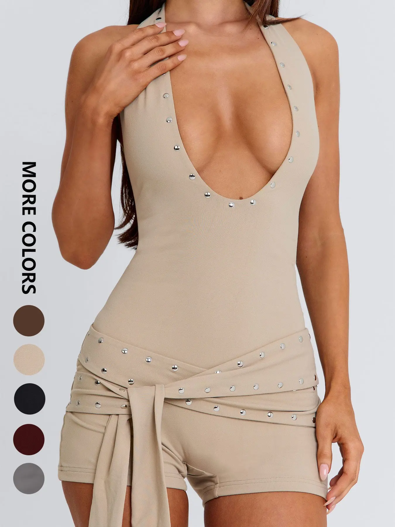 Women's Summer New Rivet Halter Jumpsuit, Deep V Backless Waist Buckle Slim Fit, Sexy European Style Butt Lift Short Pants, Tied Shorts Jumpsuit