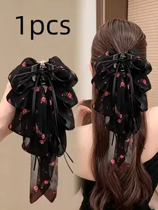 French Ditsy Floral Ribbon Butterfly Clip, Large Shark Hair Clip, Strong Hold Anti-Slip, Suitable for Medium Long Hair, All Seasons