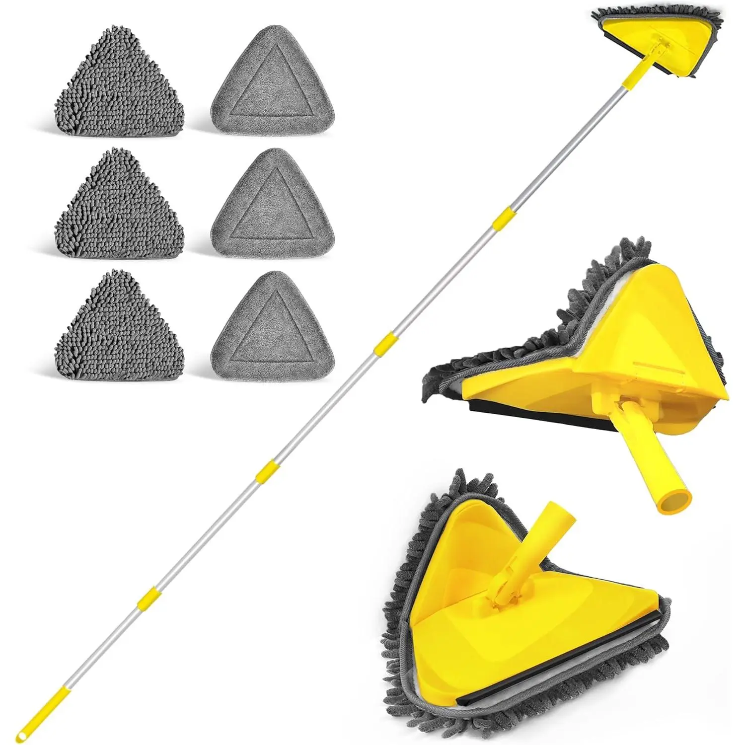 80-Inch Long Labor-Saving Wall Mop, Adjustable Foldable Telescopic Cleaning Wand Mop with 180° Collapsible Baseboard Cleaner & Ceiling Duster, 3 Microfiber + 3 Chenille Pads (Yellow, for Windows/Cabinets), Foldable Telescopic Mops