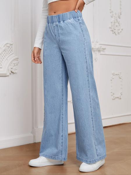 Women's Elastic Waist Wide Leg Jeans, Light Blue Loose Fit Denim Jeans, Comfortable Stretchy Waistband, Casual Daily Wear, Pants