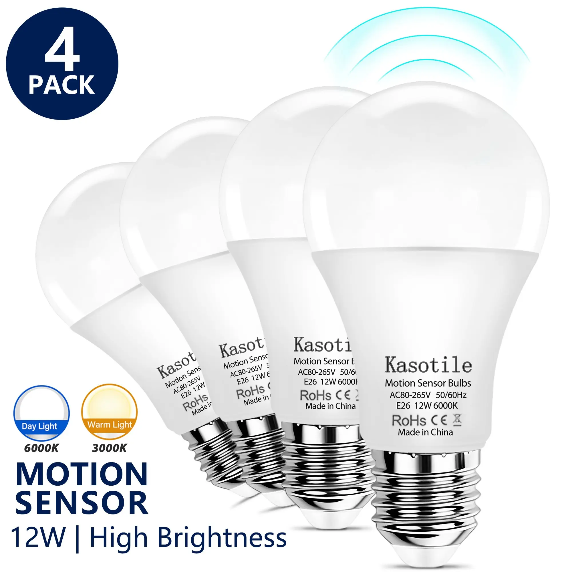 Kasotile Energy-Saving Motion Sensor LED Bulb, 12w E26 Base, Automatic Switch, Ideal for Entryway, Stairs, Garage, Outdoor Porch