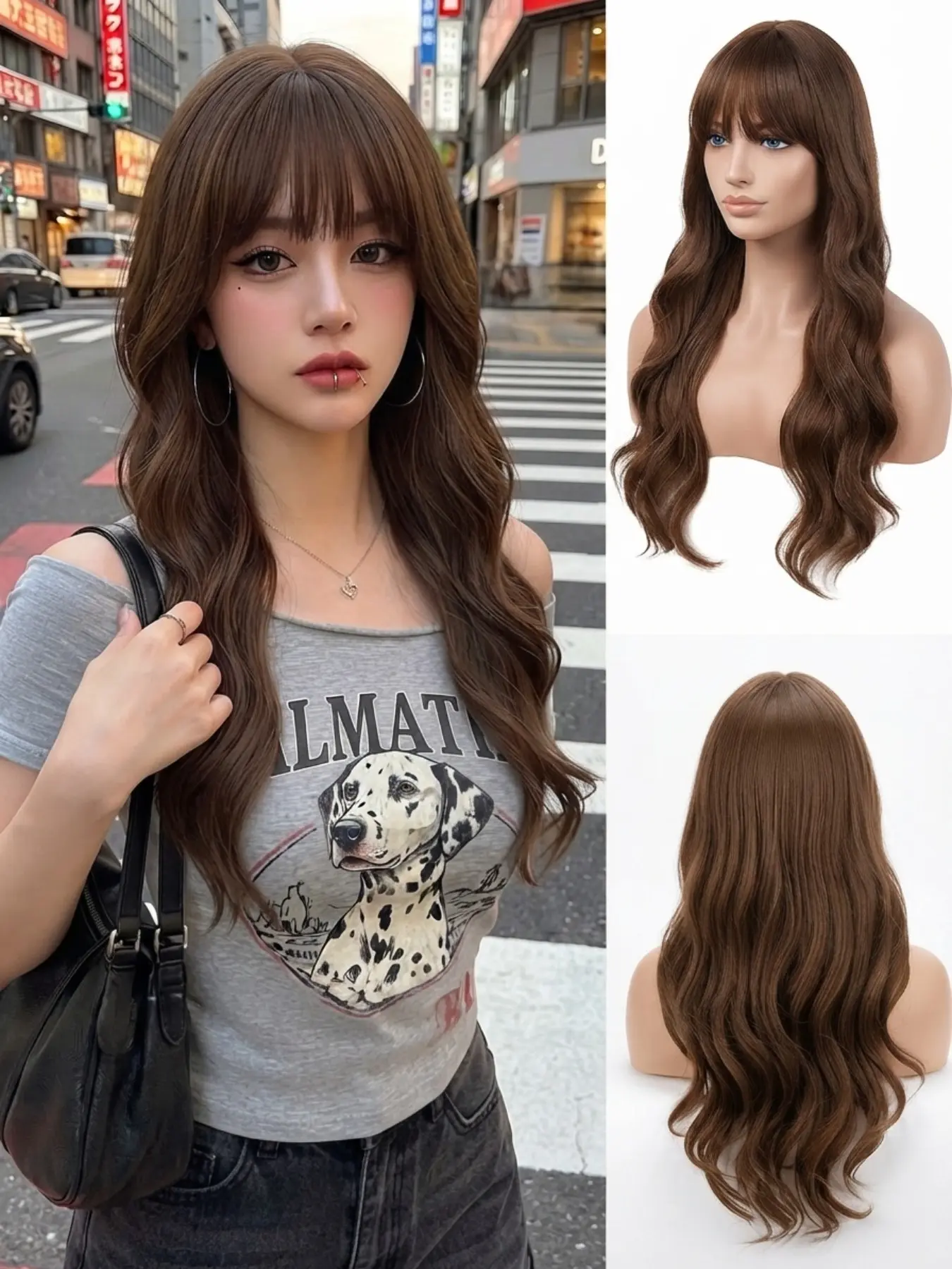 Luxury Chocolate Brown Long Wavy Wig with Wispy Bangs | Glueless Heat Resistant Synthetic Full Machine Made Wig for Women | Natural Looking Daily Wear or Cosplay Party Style | Breathable and Soft Touch Full Head Hairpiece
