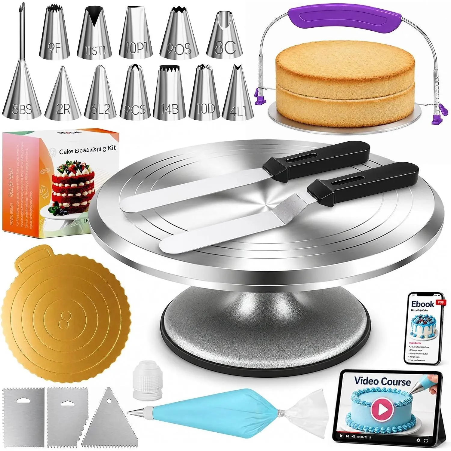 50 count Cake Decorating Supplies Kit with 12"  Rotating Cake Turntable Stand, Professional Leveler, Straight & Offset Spatulas, 12 Numbered Icing Tips & Bags