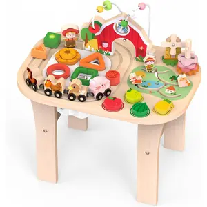 Montessori Activity Table for 1 Year Old — Wooden Sensory Table Baby Activity Center with Bead Maze, Shape Sorter, Train Track, Farm Toddler Toy, Educational Standing Play Toys, Kids 12+ Monthsfidget toys