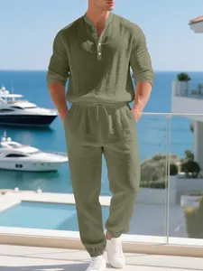 American-style loose-fit linen casual Hawaiian-print henley top and long-sleeved set for home and commute