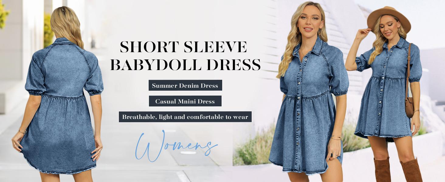 FMEYOA Womens Summer Denim Dress Button Down Short Sleeve Babydoll Dress Puff Sleeve Flowy Jean Dress