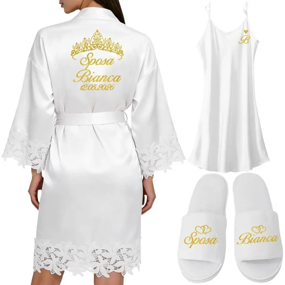 Customized Women's Bathrobe Personalized Name & Date Bride Lace Robe for Bridal Party Gown Add Any Text