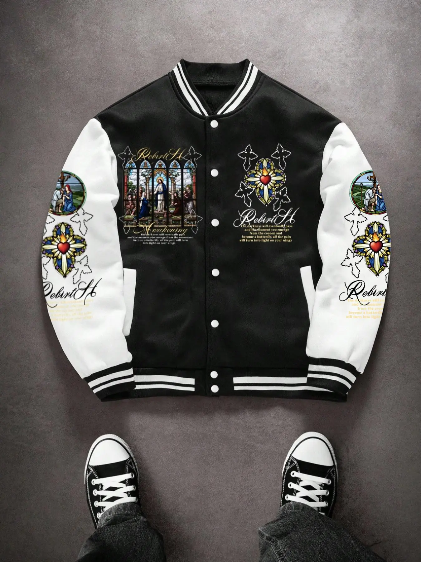 Men's Loose Letter & Ethnic Print Baseball Jacket, Casual Street Style Design, Perfect for Daily Wear & Outdoor Activities
