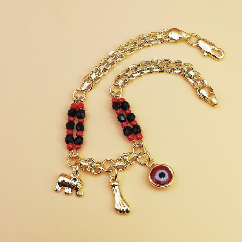 Boho Red & Black Beaded Elephant Charm Bracelet - 1 Golden Plated Golden-Plated Copper Devil's Eye Symbol, Elephant Pendant for Parties, Music Festivals, Bohemian Gift for & (Year-Round Wear)