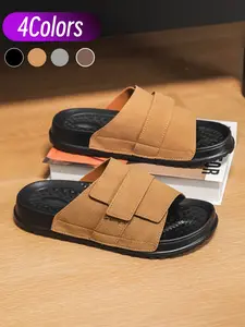 Trendy Double Layer Panel Sandals. Classic one-strap style in matte split suede. Segmented pieces with stitched edging, low-key hidden side metal buckles. Dot massage footbed, thick sole surrounded by serrated trim 10