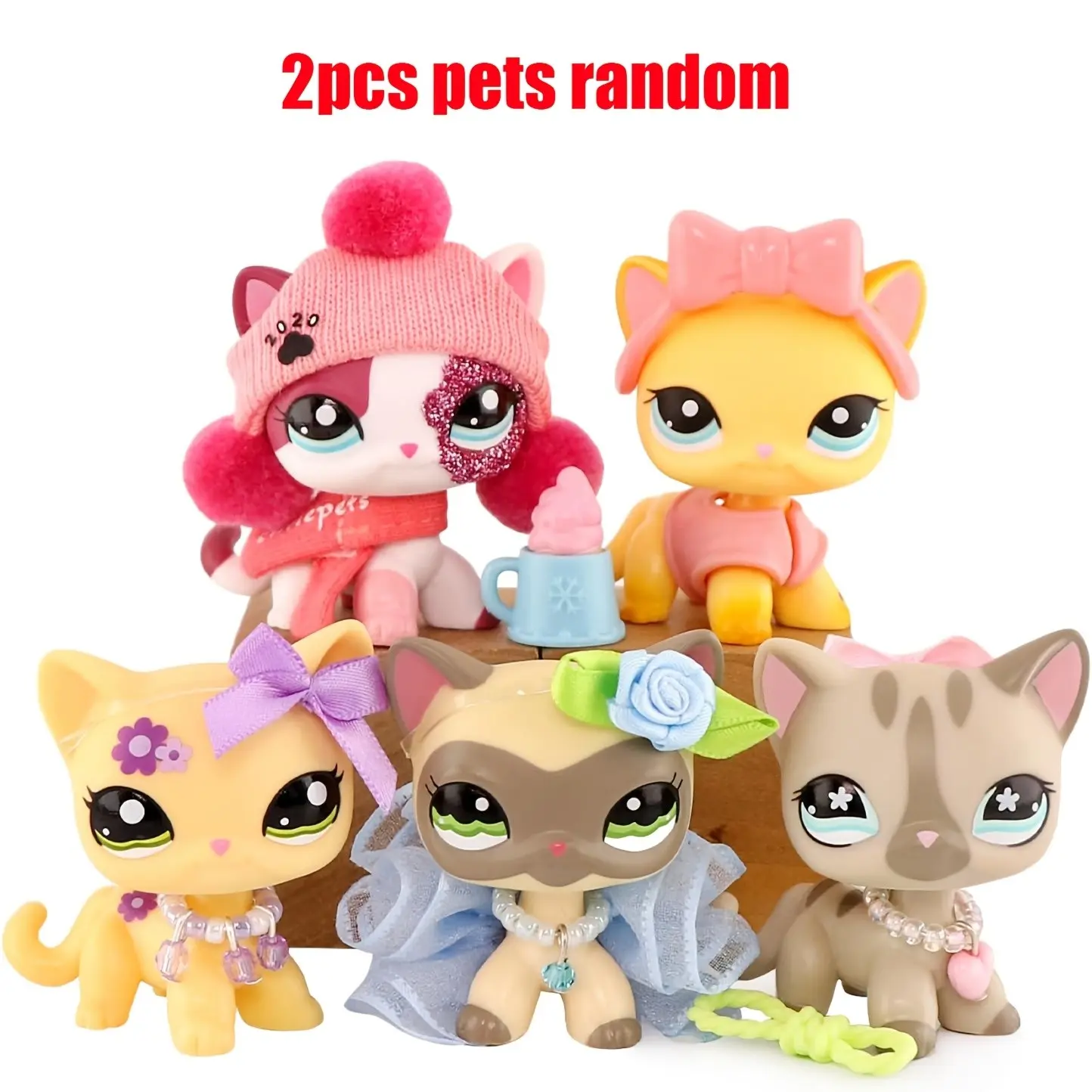 2pcs Mini Lps Shorthair Cat Statues Ornament, Collectible Pet Figurines with Bowknot, Headband, Necklace, Ideal for Gift & Decoration