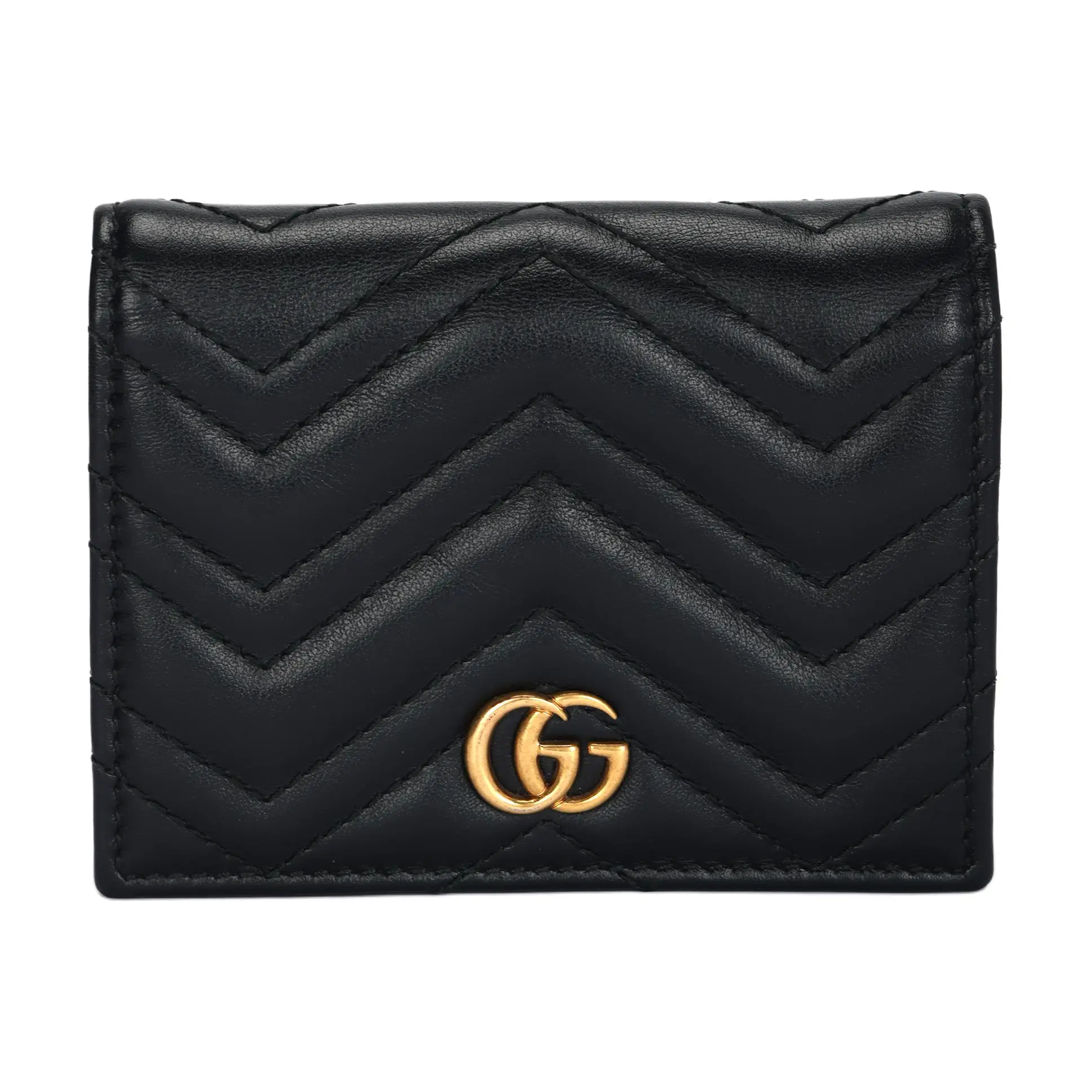 Gucci GG Marmont Distressed Leather Wallet with Gold Logo, Zippered Double-Fold Flap, Quilted Design, Women’s Black