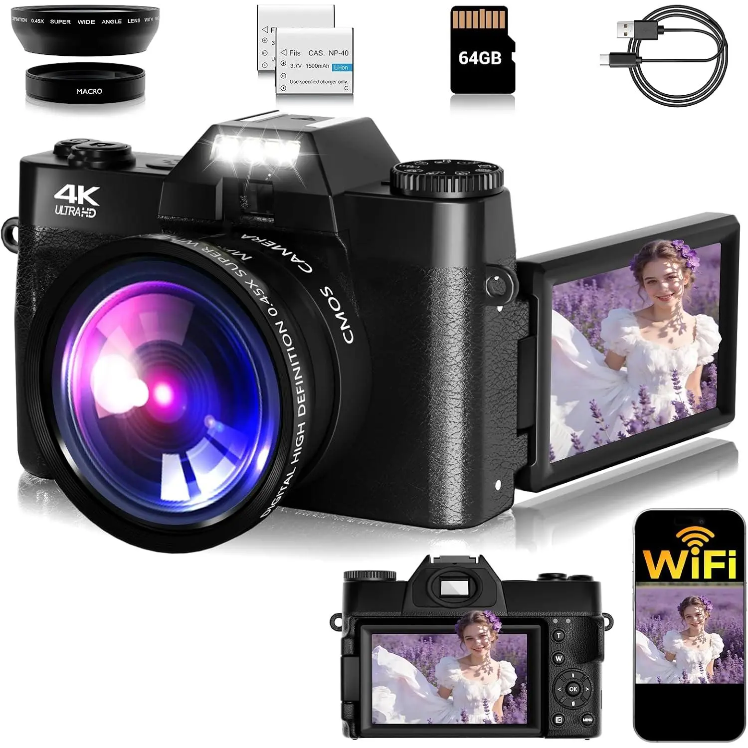 Camera Digital, 75MP WiFi 4K Vlogging Video Camera for YouTube with 3'' 180°Flip Screen, 64GB SD Card, Anti-Shake, 2 , Digital Camera for Vlogging & Photography for Beginner, Black