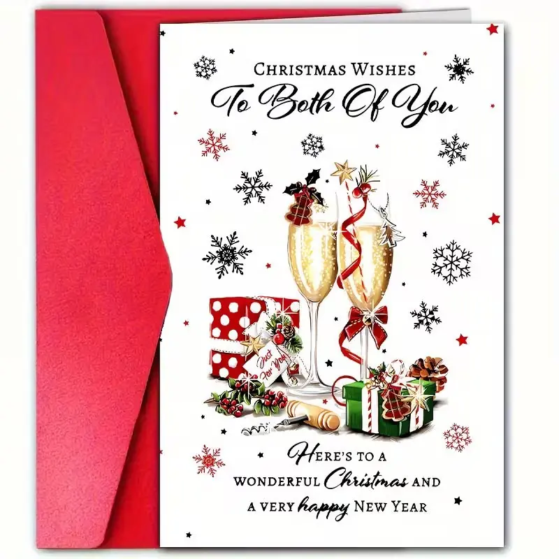 Christmas Greeting Card with Envelope, “To You Both” Champagne Toast Design, Romantic Holiday Card for Couples, Husband, Wife, Family, Friends and Colleagues, Creative Christmas Gift Card