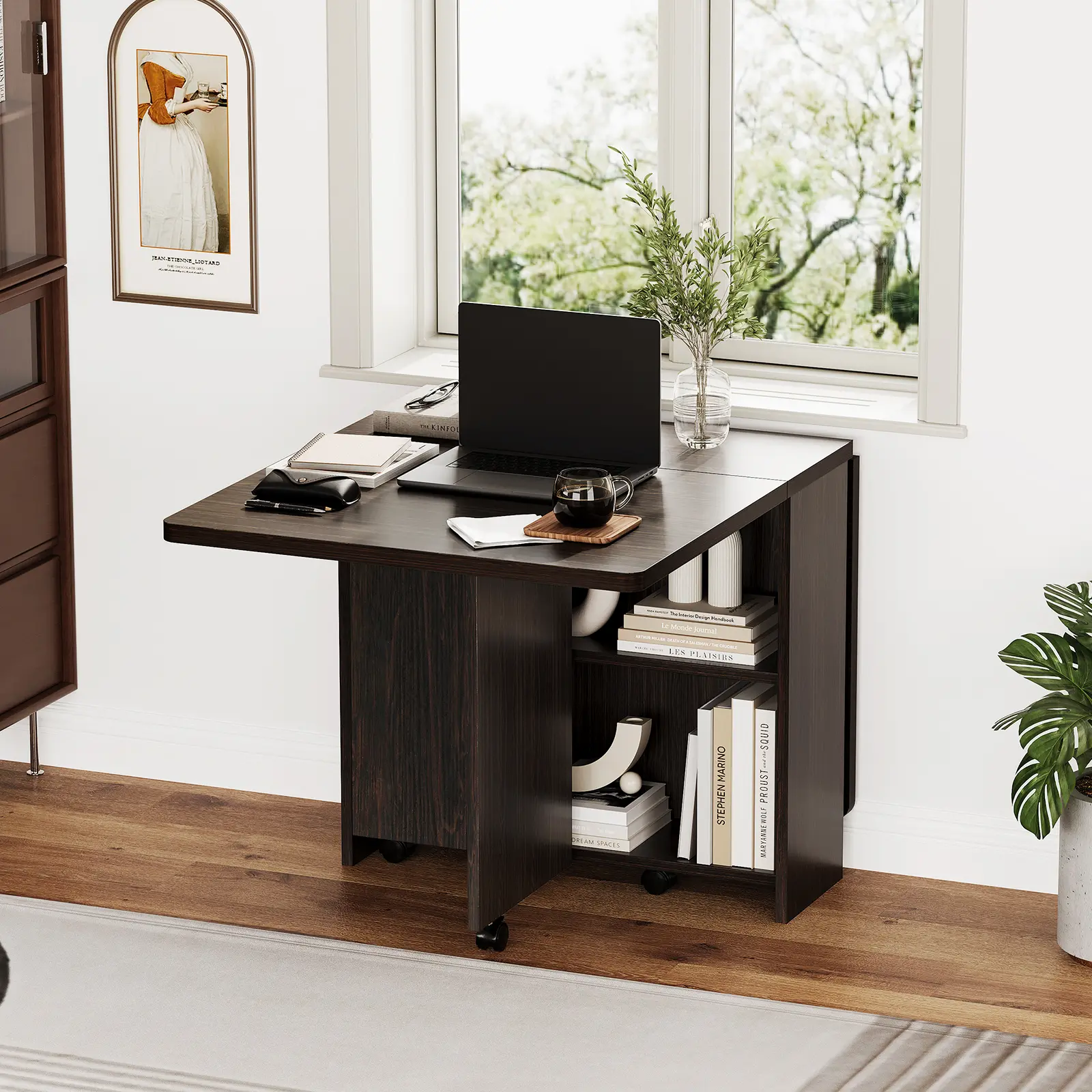 Folding Drop Leaf Table, Space-Saving Dining Table with 6 Wheels & 2-Layer Storage Shelf  for Small Spaces, Dark Walnut (47.2" x 23.6" x 29.5")