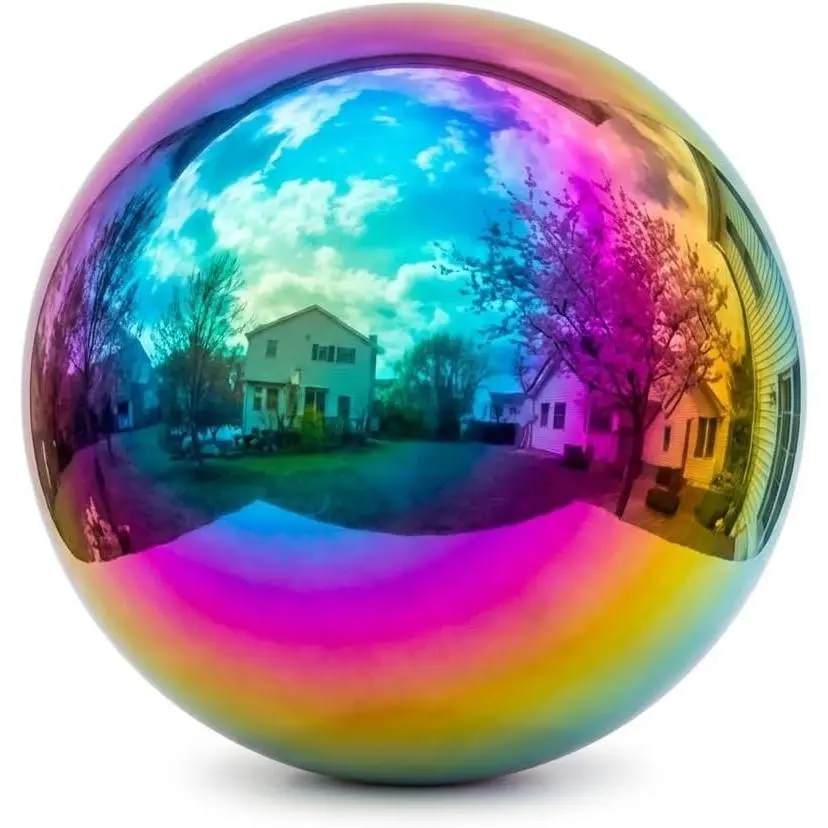 8 inch Diameter Gazing Ball,Rainbow Stainless Steel Polished Reflective Smooth Garden Sphere Globe Mirror,Colorful and Shiny Addition to Any Garden or Home