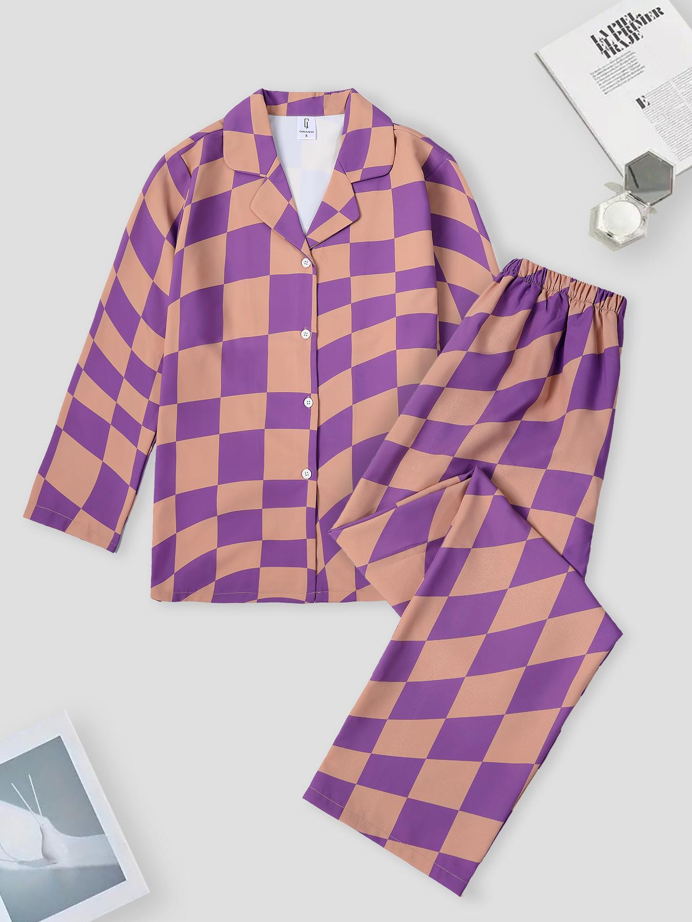 Women's Plaid Print Lapel Collar Button Front Shirt & Elastic Waist Pants Loungewear Set, Comfort Long Sleeve Top & Trousers PJ Set, Women's Sleepwear For Spring & Fall