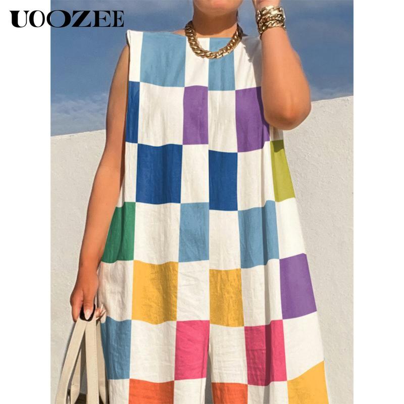 UOOZEE Women's Loose Sleeveless Plaid Jumpsuit Dressy Linen Romper Cotton Blend Overalls for Everyday Wear Chic Lightweight Colorful Fit