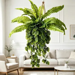 3-Piece Artificial Hanging Plant Set, Fern & Monstera Vines Leaf, Low Maintenance, Ideal for Balcony, Home, Office, Indoor/outdoor Decor