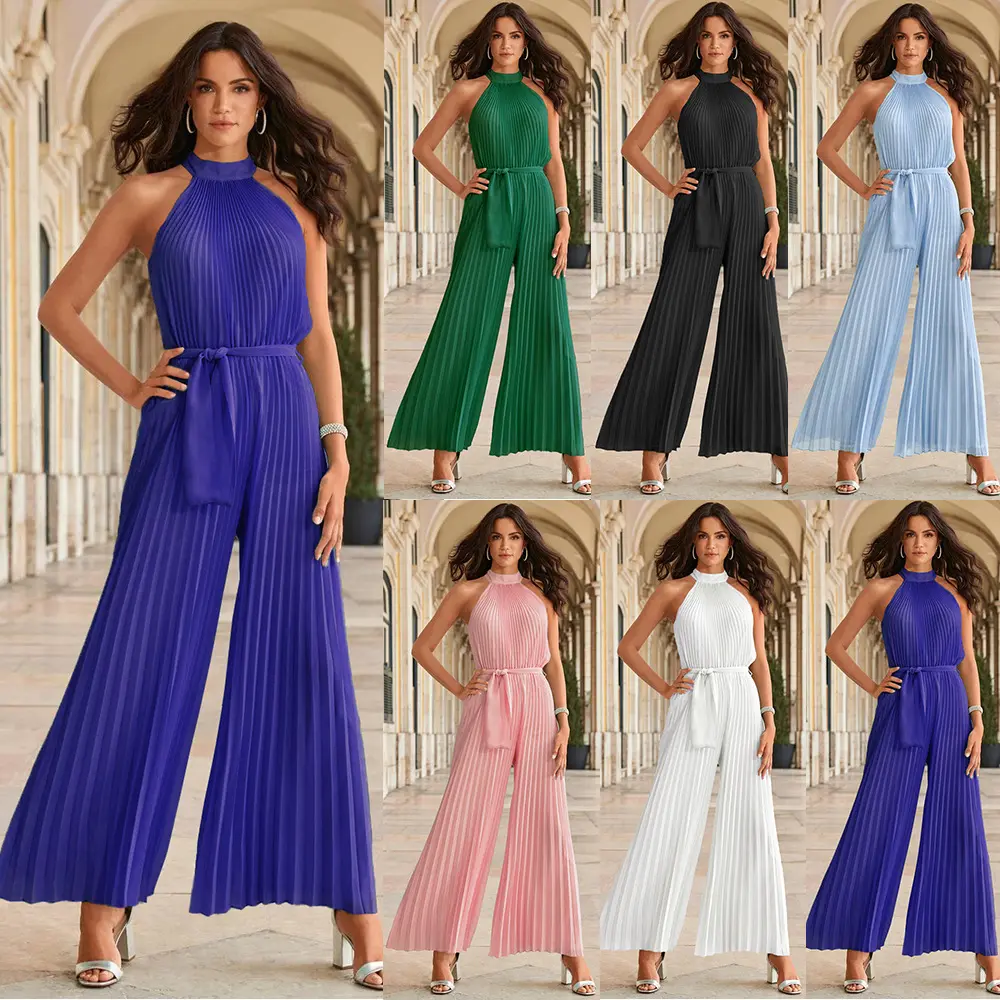 Women's Elegant Halter Jumpsuit, Plain Sleeveless with Pleated Bodice and Tie Waist, Wide Leg Casual Summer Outfit, Plus Size, Cropped Pants, Plus-Size Jumpsuits & Rompers, Sleeveless Halter Wide-Leg Set Jumpsuits & Rompers