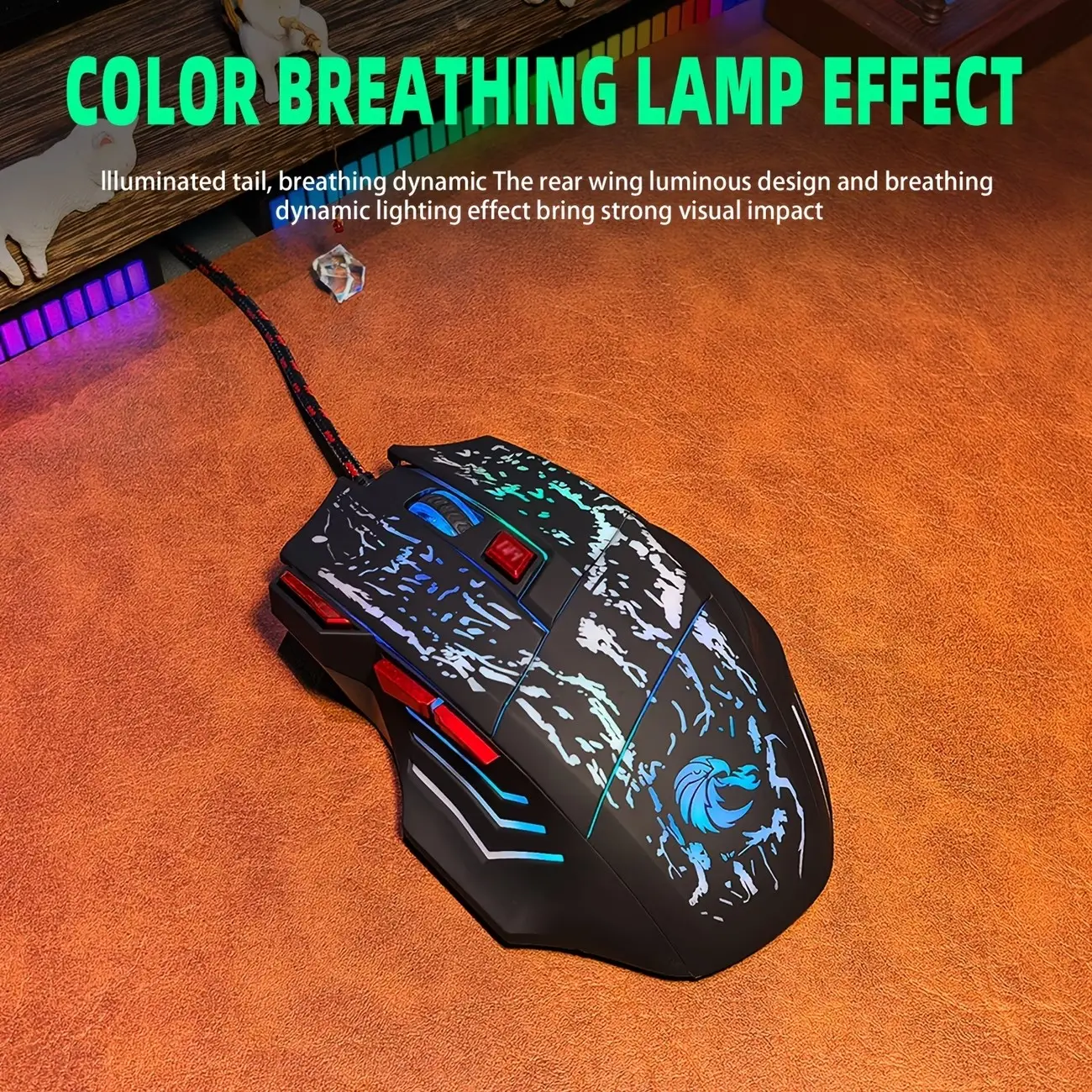 Gaming Mouse with 7-Button Right-Handed Design, Rapid Fire Button, Rear Wing Luminous Design, Breathing Dynamic Lighting Effect, Wired mouse Optical USB, Suitable for PC, Office, Home Use, H300 Model, Visual Impact