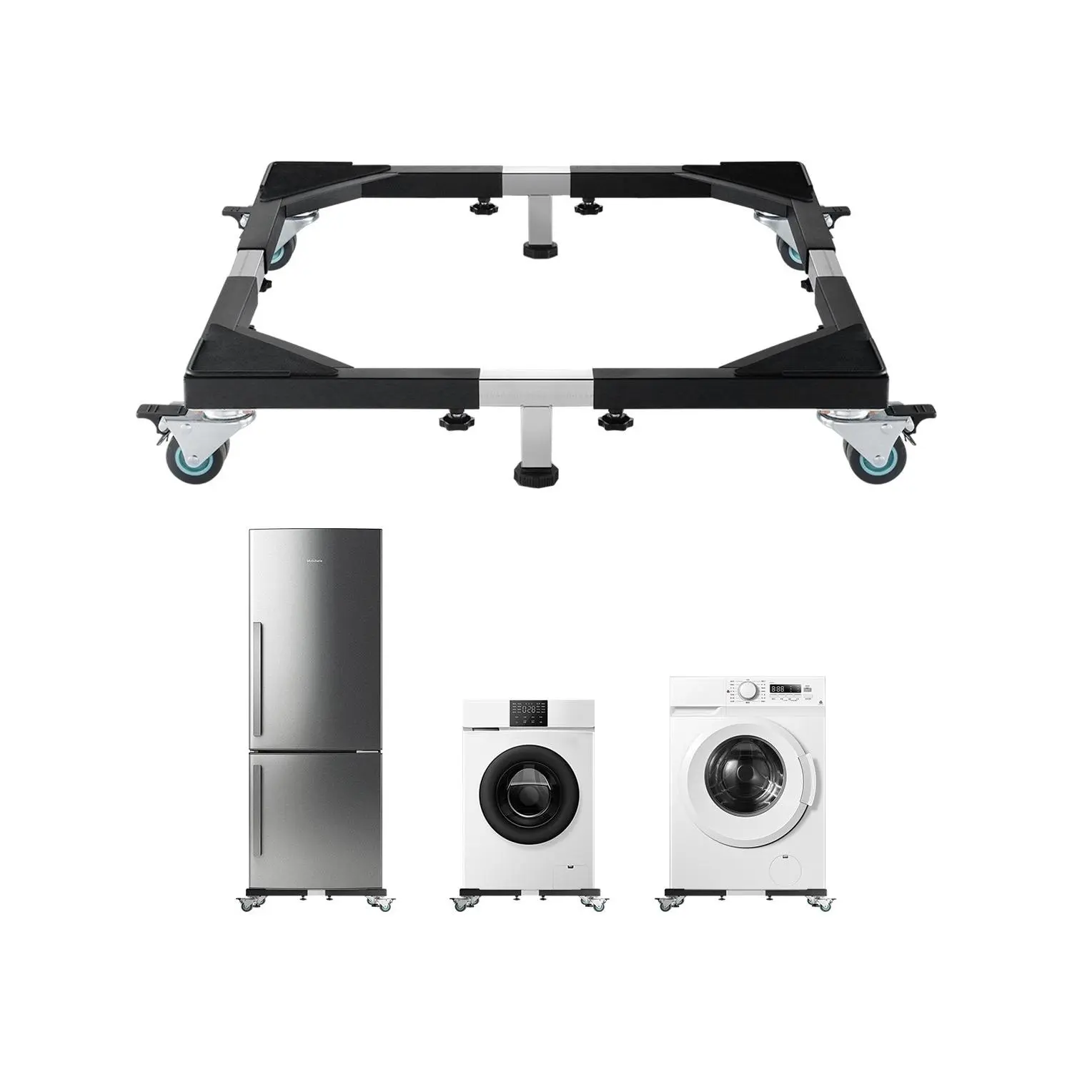 VEVOR Fridge Stand Mobile Base, 1200 lbs Load Capacity, Washing Machine Stand with 8 Locking Twin Wheels and 4 Brakes, 23-36.6 Inches Adjustable Furniture Dolly for Washer, Refrigerator and Dryer, Stainless Steel, Reinforced Feet